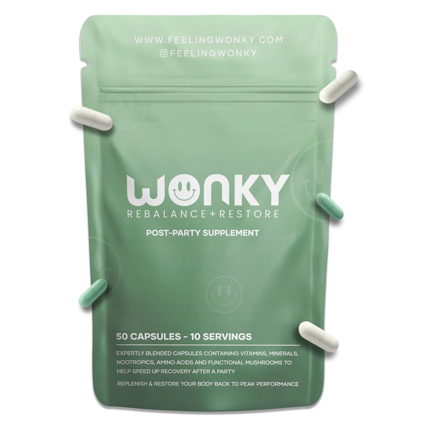 Green packaging of Wonky Rebalance + Restore supplement on a white background
