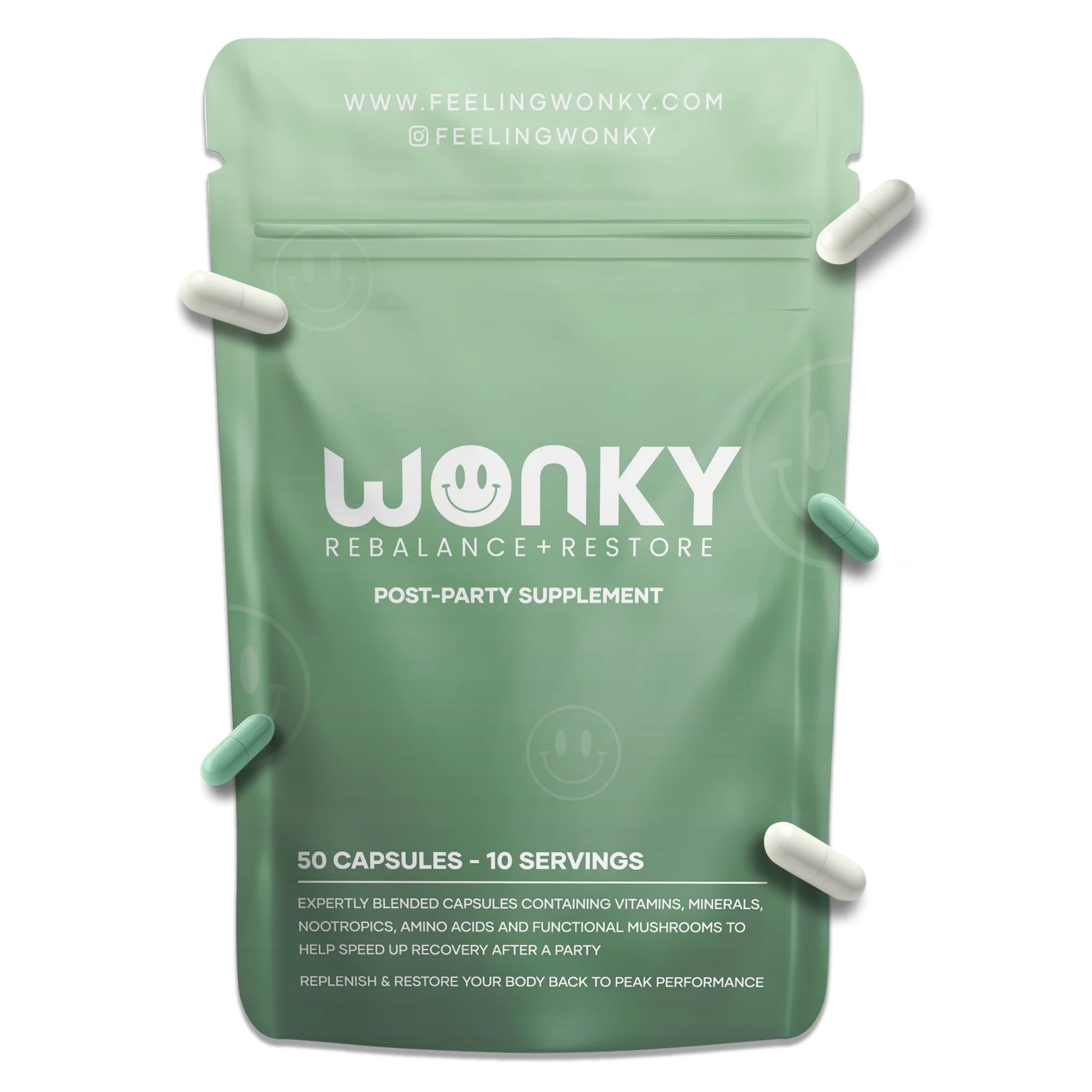 Green packaging of Wonky Rebalance + Restore supplement on a white background