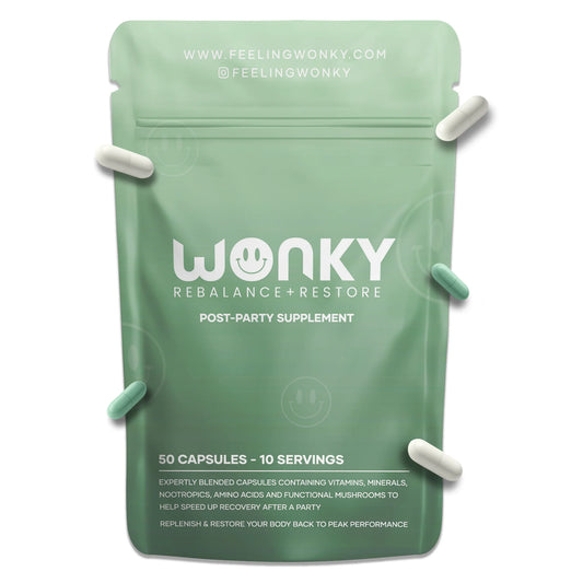 Green packaging of Wonky Rebalance + Restore supplement on a white background